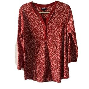 CHAPS Womens Size Large Red Floral Print Cotton Blouse Top